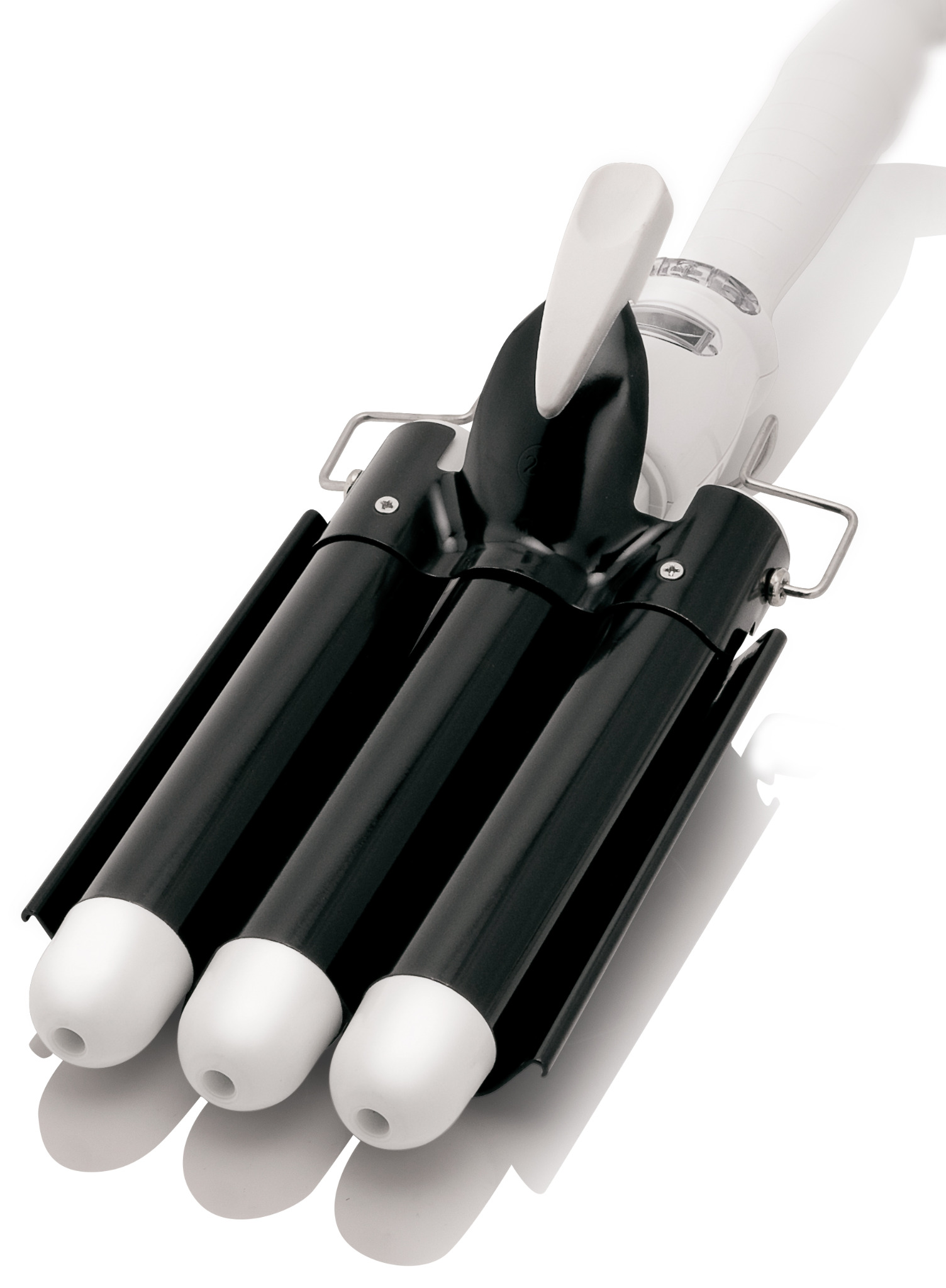 Black and white Alure three barrel curling iron hair waver